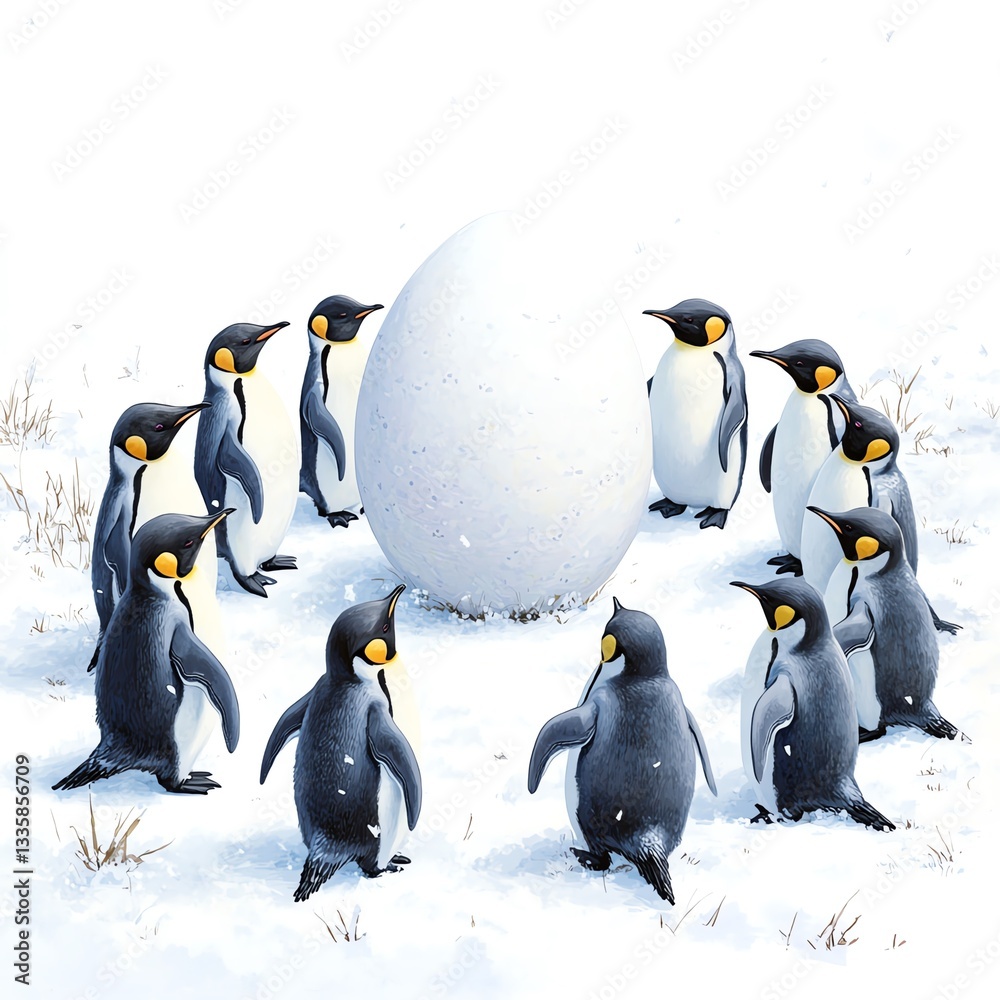 Fototapeta premium Group of penguins surrounding a large, white egg in a snowy landscape.