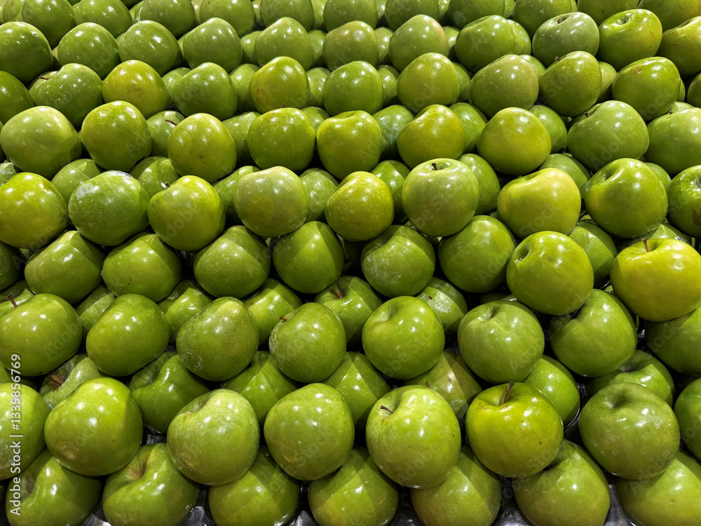fresh green apples in the market, full frame healthy food background