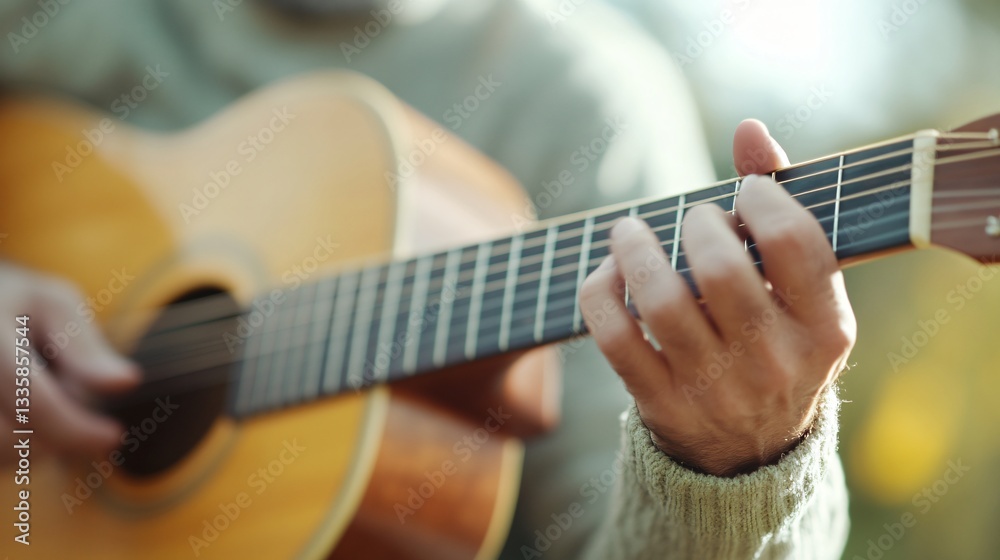 Fototapeta premium Person playing acoustic guitar, young adult with casual attire focused on music, warm lighting creating an inviting atmosphere.