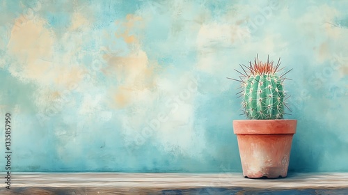 Desert Cactus in Rustic Terracotta Pot on Textured Wall