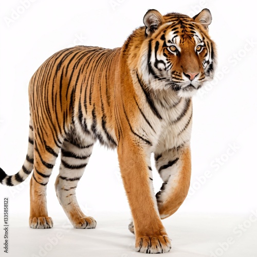 Majestic Tiger Portrait with Piercing Eyes, Striking Stripes, Detailed Features, White Fur, Intense Gaze, Regal Pose, High-Contrast Studio Lighting, Close-Up Wildlife Photography, Generative AI photo