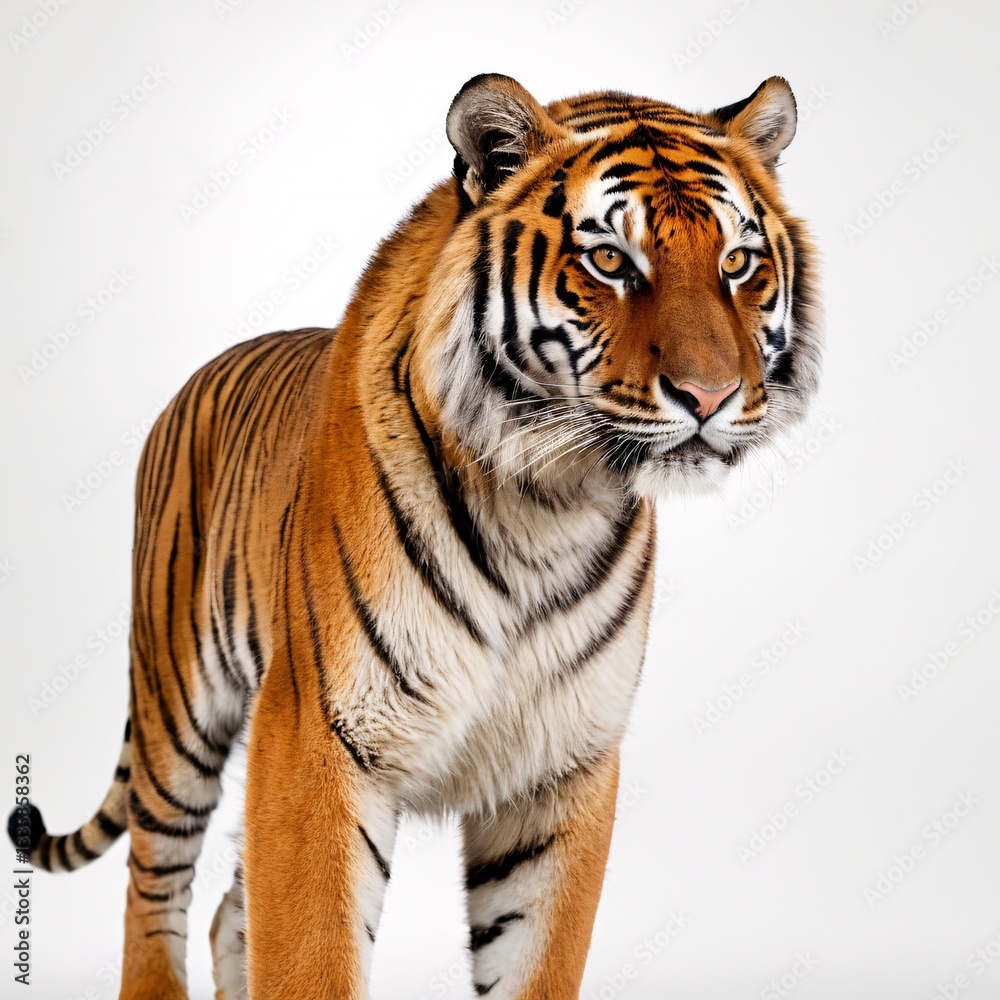 Obraz premium Majestic Tiger Portrait with Piercing Eyes, Striking Stripes, Detailed Features, White Fur, Intense Gaze, Regal Pose, High-Contrast Studio Lighting, Close-Up Wildlife Photography, Generative AI