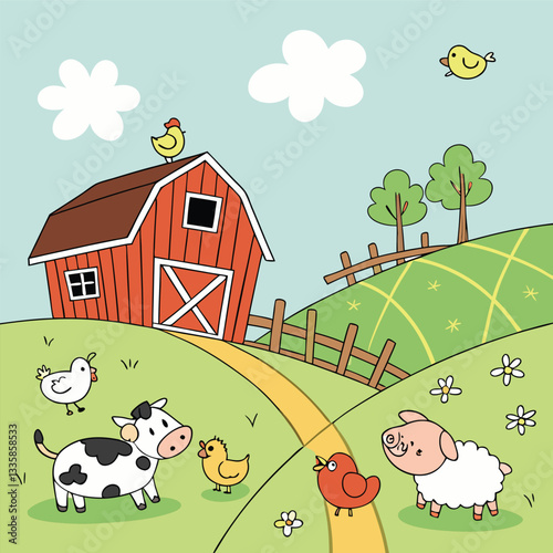 Cute cartoon farm scene with animals, barn, and a happy countryside