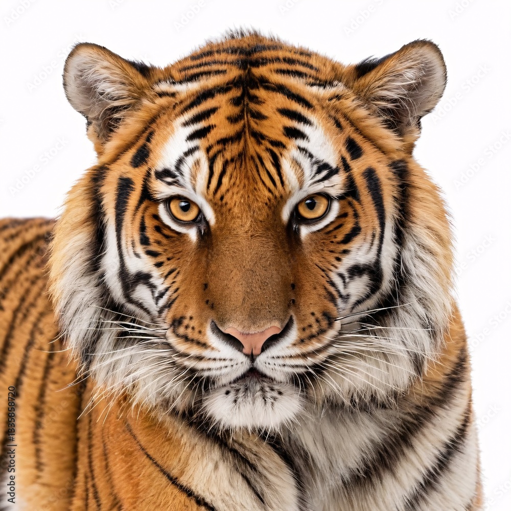 Fototapeta premium Majestic Tiger Portrait with Piercing Eyes, Striking Stripes, Detailed Features, White Fur, Intense Gaze, Regal Pose, High-Contrast Studio Lighting, Close-Up Wildlife Photography, Generative AI