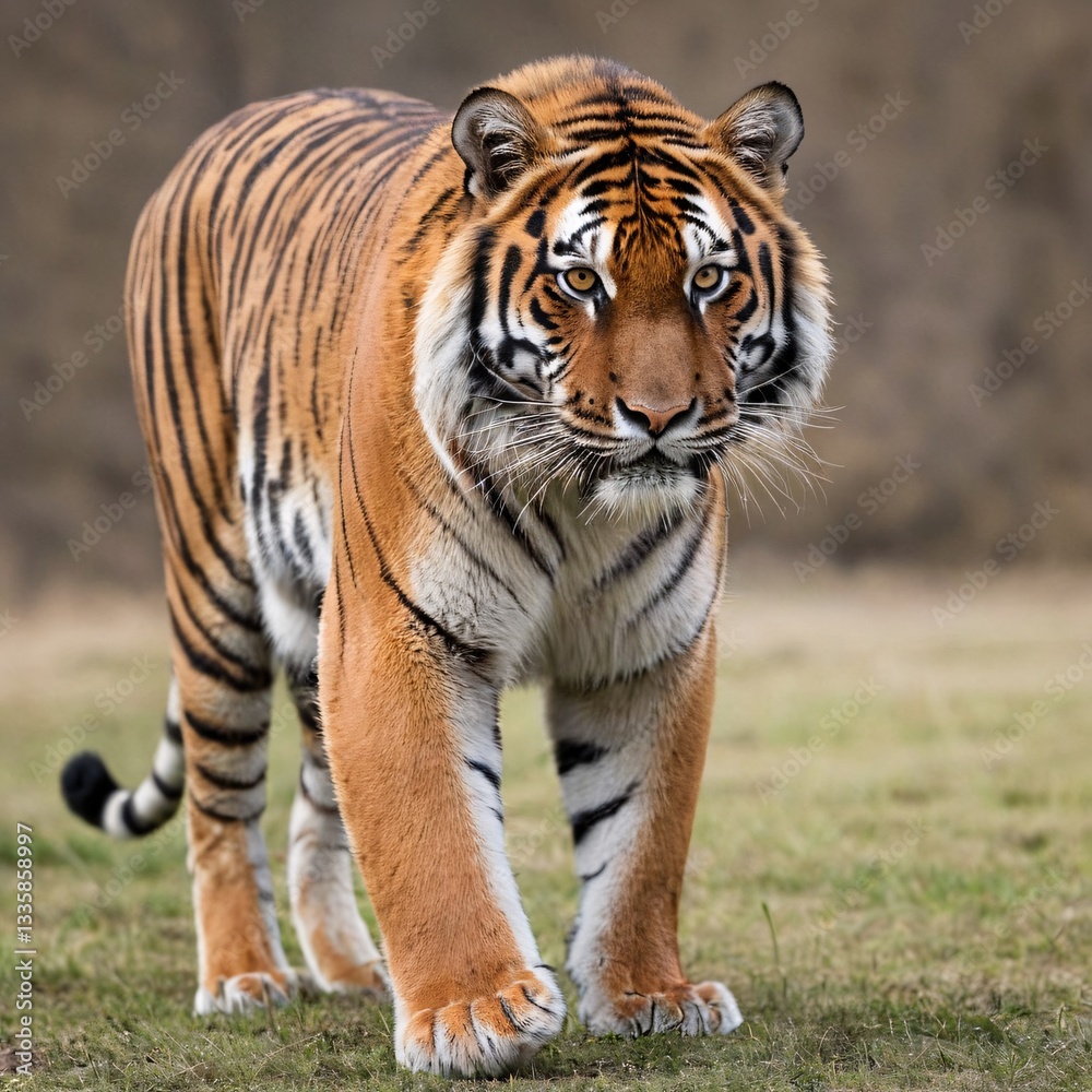 Obraz premium Majestic Tiger Portrait with Piercing Eyes, Striking Stripes, Detailed Features, White Fur, Intense Gaze, Regal Pose, High-Contrast Studio Lighting, Close-Up Wildlife Photography, Generative AI