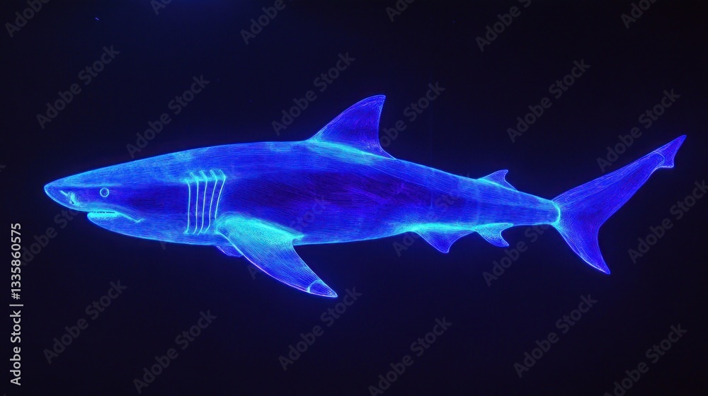 Fototapeta premium Electric Blue Shark Silhouette Against Black Backdrop Neon Marine Predator Image