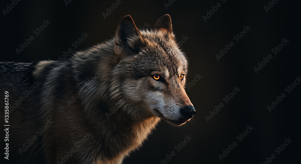 Fototapeta premium Captivating Portrait of a Majestic Gray Wolf Against a Dark Background