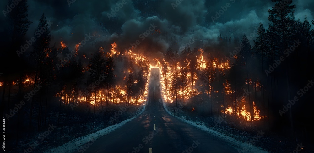 Fototapeta premium Forest Fire Inferno Engulfs Road Through Pines
