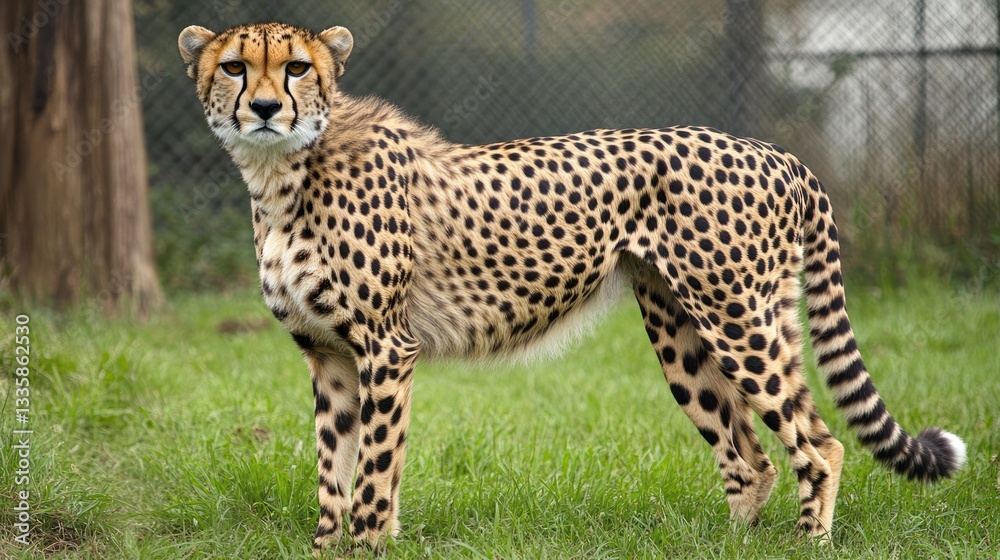 Cheetah standing in grassy zoo enclosure Cheetah standing in grassy zoo enclosure