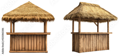 Simple wooden tiki bar with a thatched roof, in a transparent background