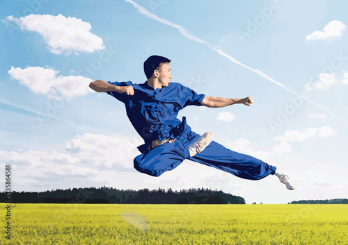 012-38-Martial artist executing a high jump kick in a bright open field