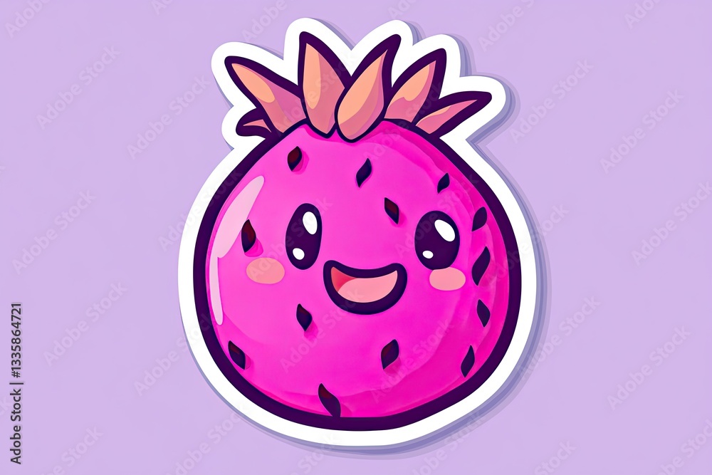 Obraz premium A cute sticker of a kawaii dragon fruit with a happy face on a soft purple background. 