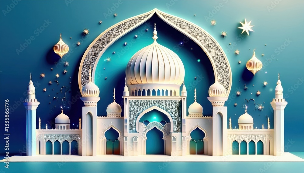 Fototapeta premium Elegant 3D Islamic Scene with Crescent Moon and Ornate Mosque. Luxurious Crescent Moon and Minaret Mosque Illustration for Ramadan
