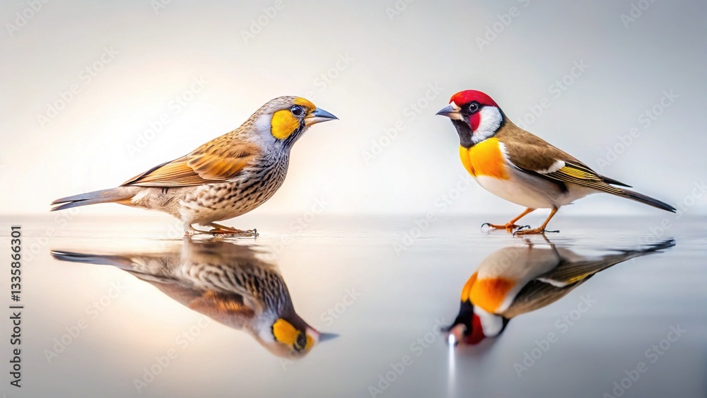 Obraz premium Bird Chat: Low-Angle Power Shot with Glass Reflection on Solid Background