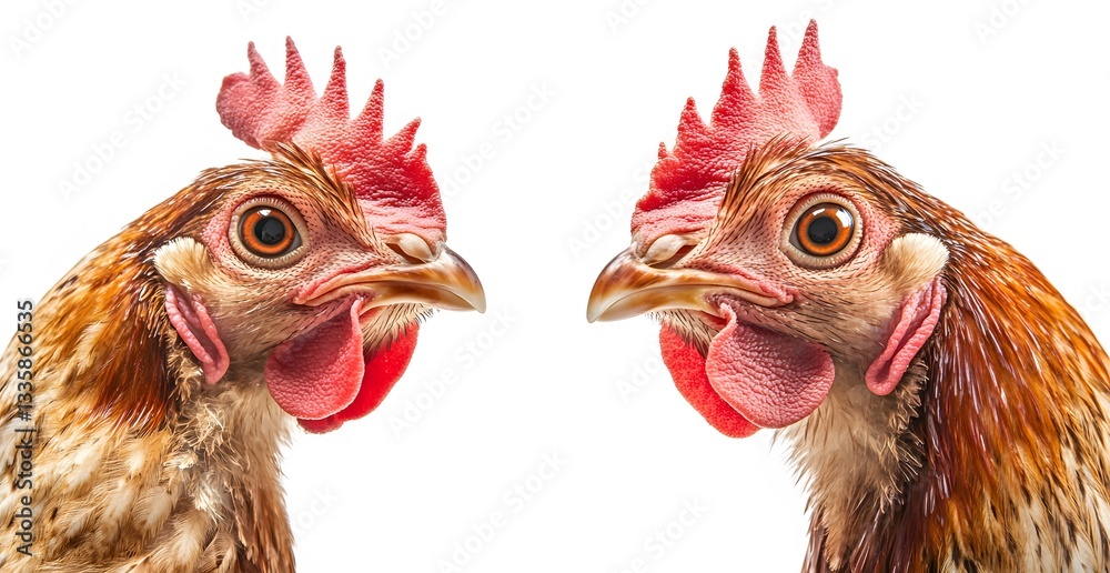 Naklejka premium Two hens face each other in profile view