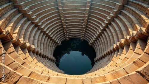 Aerial view of a stepwell with concentric stone steps.