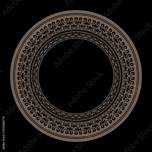 Oriental gold round frame, workpiece for your design on a black background. Ornamental element, motif of Kazakh, Kyrgyz, Uzbek, national Asian decor for plate, textile, print design. Round frame. 