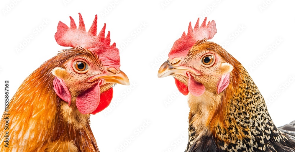 Naklejka premium Two Chickens Facing Each Other Close Up