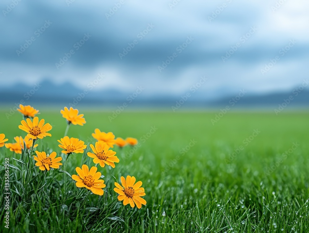 Obraz premium Vibrant yellow flowers blooming in a lush green field under a cloudy sky