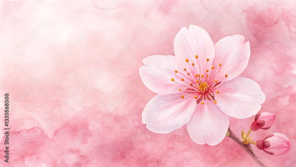 Beautiful Pink Cherry Blossom Flower on Watercolor Background, Spring Floral Design Beautiful Pink Cherry Blossom Flower on Watercolor Background, Spring Floral Design