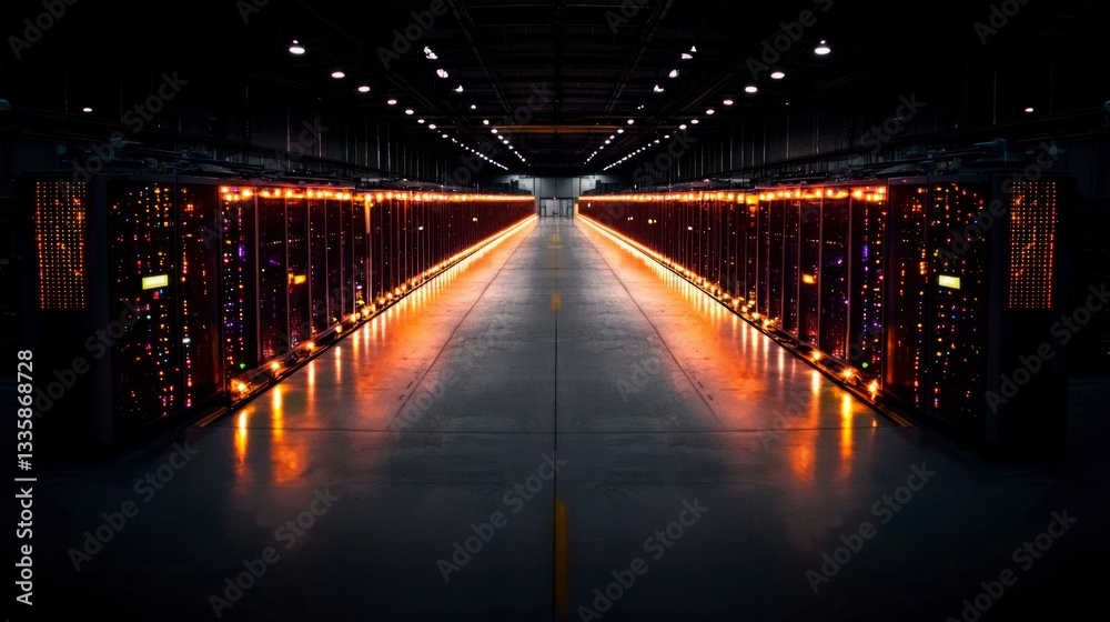 Fototapeta premium Illuminated Data Center Servers Cloud Computing AI Network Infrastructure