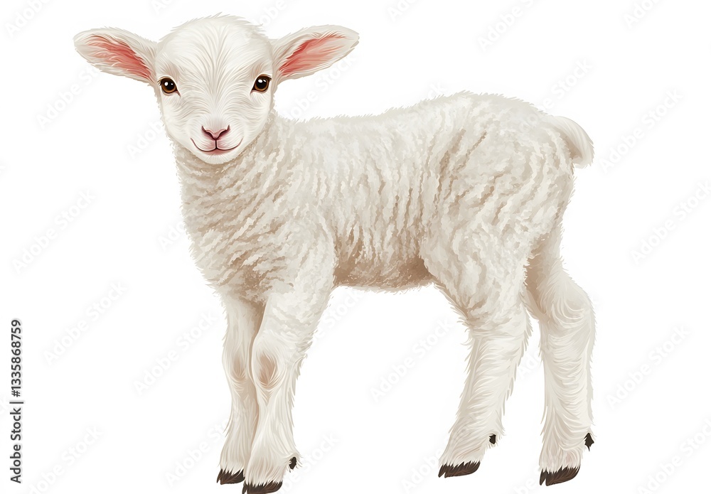 Fototapeta premium A Cute Fluffy White Lamb Stands Alone