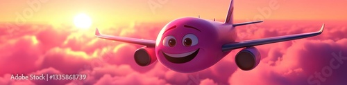 Cute Pink Smiling Airplane Flying in Sunset Sky Travel and Commercial Flight Concep