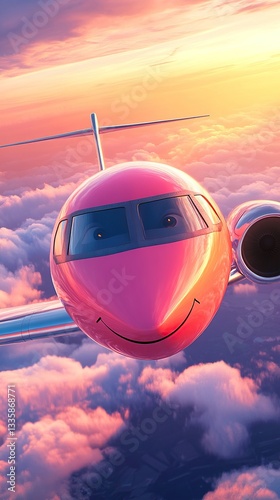 Cute Pink Smiling Airplane Flying in Sunset Sky Travel and Commercial Flight Concep