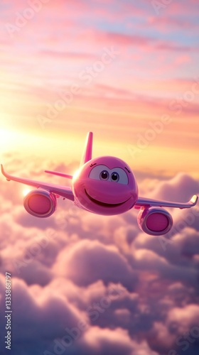 Cute Pink Smiling Airplane Flying in Sunset Sky Travel and Commercial Flight Concep
