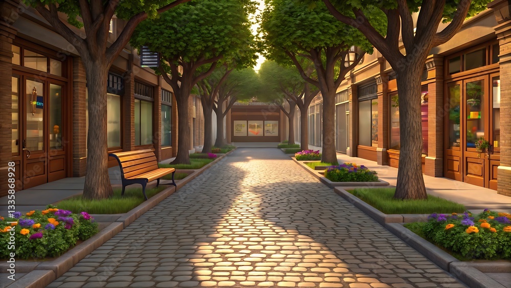 Obraz premium Charming Cobblestone Street with Shops, Trees, and Benches at Sunrise