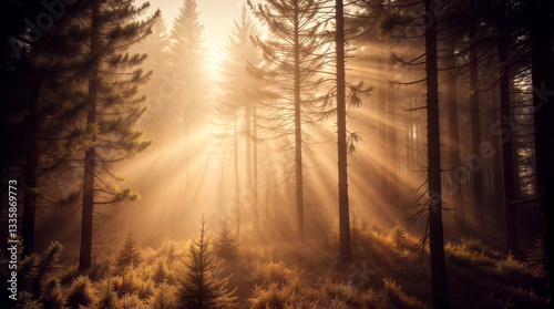 sun rays in the forest at sunrise/ sunset, serene vibes and golden light	
