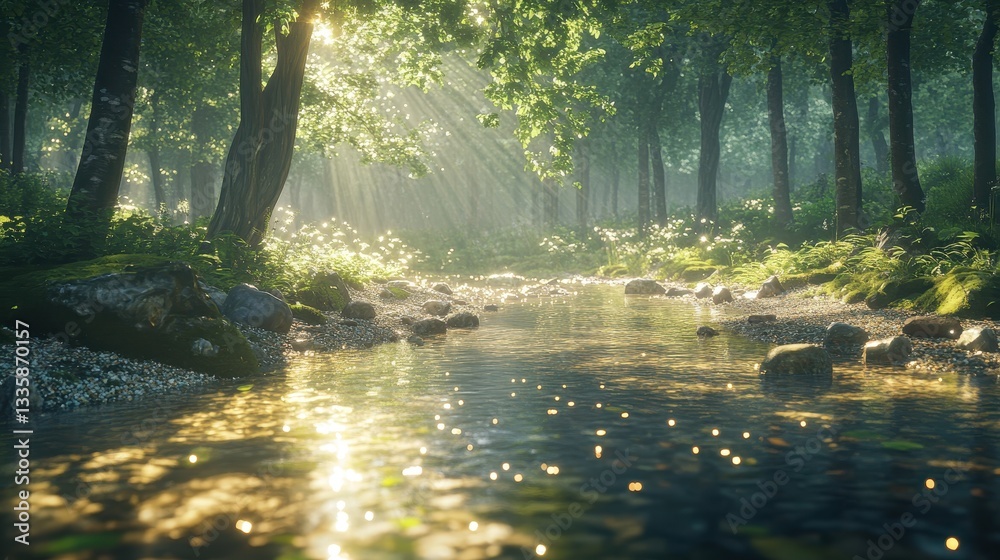 Fototapeta premium Sunlit stream flows through lush forest, rocks and moss line the banks. Perfect for illustrating tranquility, nature, or fantasy settings.