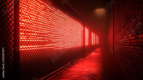 Red Neon Lights Illuminate Chain Link Fence Alleyway