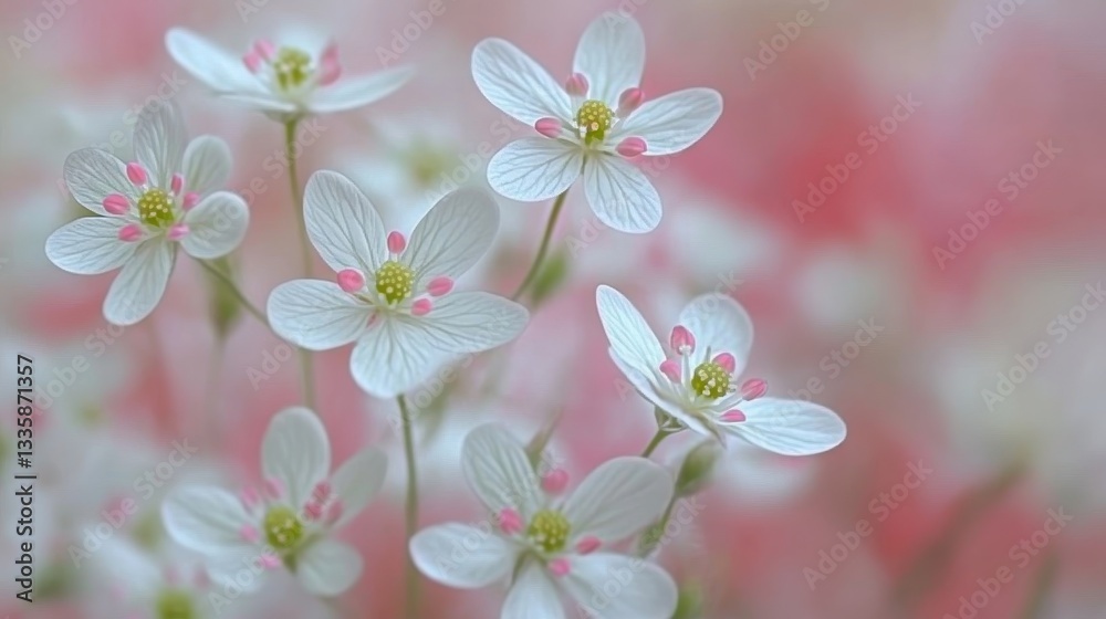 Fototapeta premium Delicate white flowers with pink centers, softly blurred background. Ideal for greeting cards, blogs, or spring themes, evokes feelings of serenity and gentle beauty.