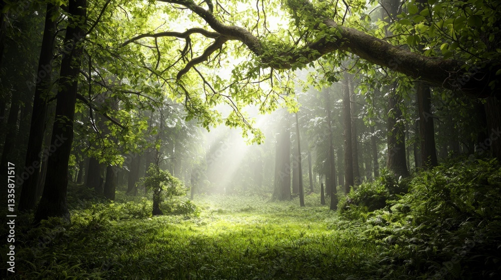 Obraz premium Mystical Forest Path Sunlit Trees Lush Greenery Foggy Atmosphere