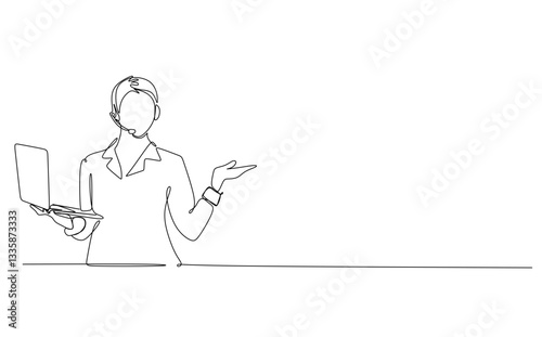 Continuous one line drawing female customer service holding clipboards. Marketing Concept. Single line draw design vector graphic illustration.