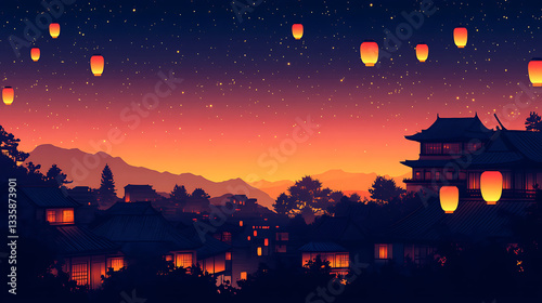 Wallpaper Mural Serene twilight scene of a traditional village illuminated by lanterns against a starry sky Torontodigital.ca