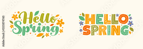 Hello Spring Text Stickers Banner Decorative with Flowers Bloom Floral Editable Vector Background