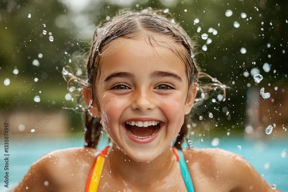 Joyful Girl Laughing in Summer Splash at Outdoor Pool Joyful Girl Laughing in Summer Splash at Outdoor Pool