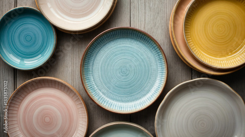 many empty ceramic plates, colorful serving plates seen from above on a wooden table