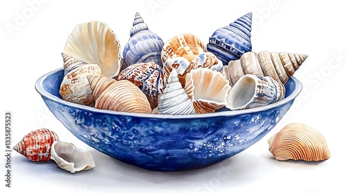 Seashells in a Blue Bowl Watercolor Painting