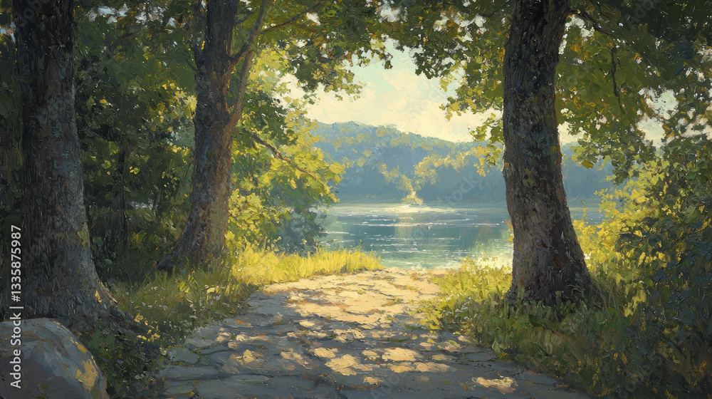 A serene landscape realistic painting of two trees on the left and right side A serene landscape realistic painting of two trees on the left and right side