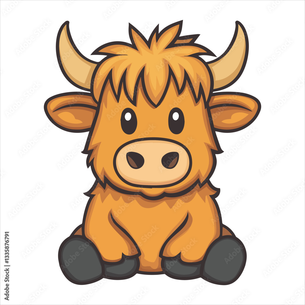 Kawaii Highland Cow Sitting Illustration Design
