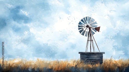 Serene Landscape with Rustic Windmill under a Cloudy Sky in a Rural Setting Artistic View