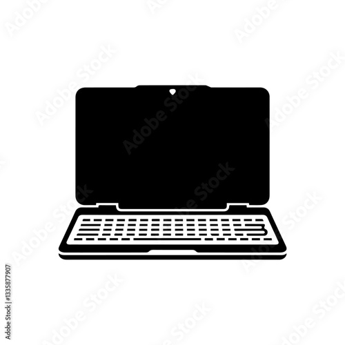 The image is a black-and-white icon of a laptop computer. It features a screen, keyboard, and trackpad in a simple, minimalistic design.