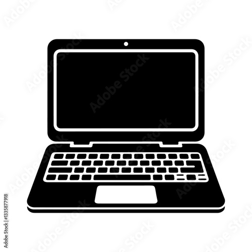 The image is a black-and-white icon of a laptop computer. It features a screen, keyboard, and trackpad in a simple, minimalistic design.