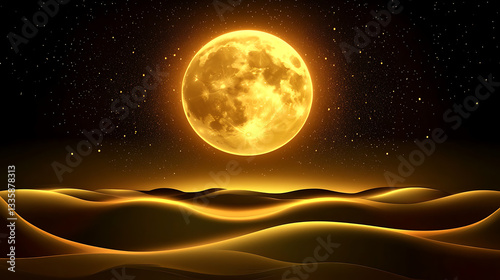 A glowing full moon casts golden light over tranquil desert dunes under a starry night sky
