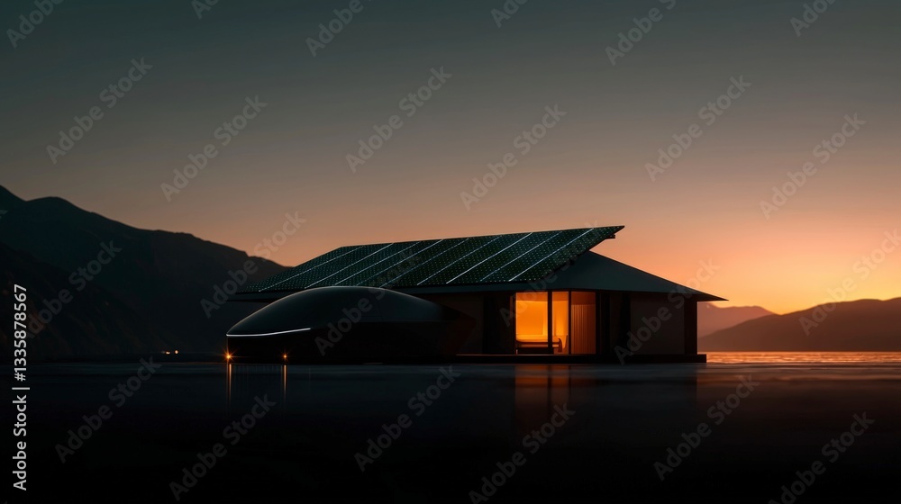 Futuristic Smart Home with Solar Panels Electric Car at Sunset Futuristic Smart Home with Solar Panels Electric Car at Sunset