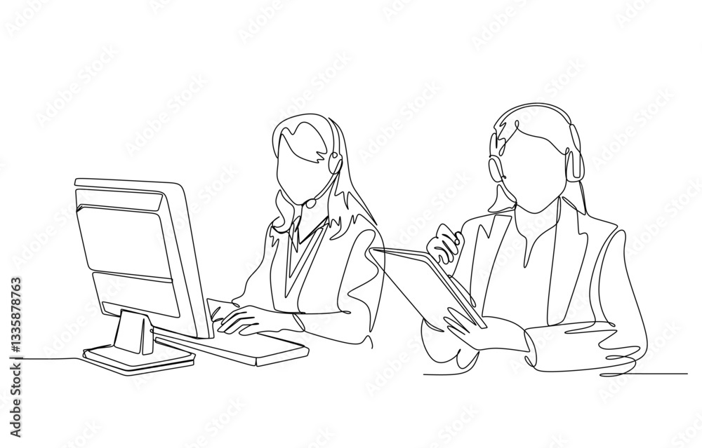 Continuous one line drawing female customer service holding clipboards. Marketing Concept. Single line draw design vector graphic illustration.