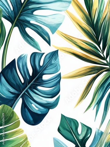 Tropical leaf patterns botanical illustration digital art nature close-up view vibrant color palette